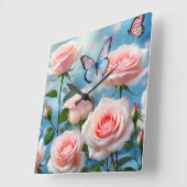 Zacht Roze Bloem Blauwe Vlinder Vierkante Klok (Hoek)