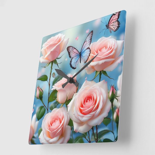 Zacht Roze Bloem Blauwe Vlinder Vierkante Klok (Hoek)
