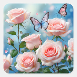 Zacht Roze Bloem Blauwe Vlinder Vierkante Sticker