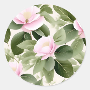 Zacht roze bloem met eucalyptus bladeren patroon ronde sticker