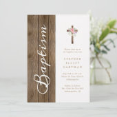 Zacht roze bloem over hout Elegant script doop Kaart (Staand voorkant)