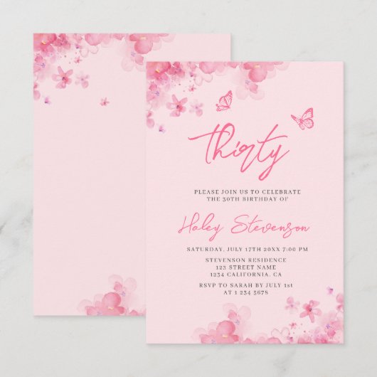 Zacht roze bloem waterverf 30e verjaardag kaart (Voorkant / Achterkant)