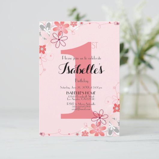  Zacht Roze Bloemen 1e VERJAARDAG Kaart (Staand voorkant)