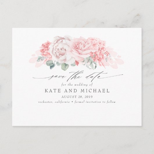 Zacht Roze Bloemen Elegant Save the Date Briefkaart (Voorkant)