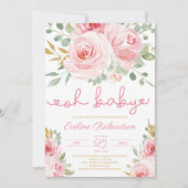 Zacht roze bloemen en goud glitter oh baby shower kaart (Voorkant)