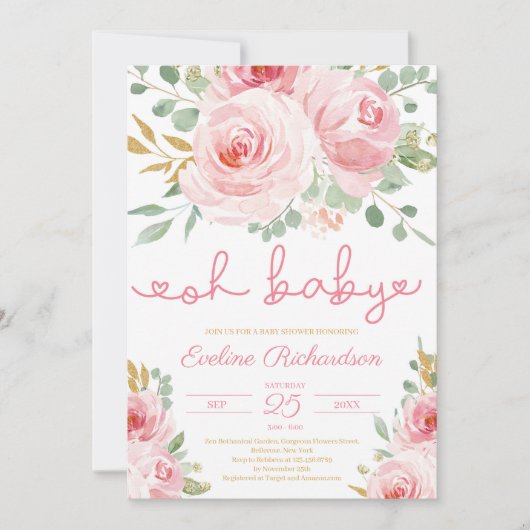 Zacht roze bloemen en goud glitter oh baby shower kaart (Voorkant)