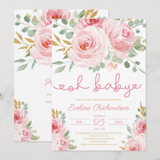 Zacht roze bloemen en goud glitter oh baby shower kaart (Voorkant / Achterkant)