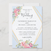 Zacht Roze Bloemen Goud Lijst Waterverf Bruiloft Kaart (Voorkant)