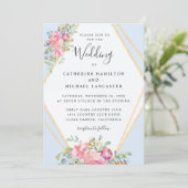 Zacht Roze Bloemen Goud Lijst Waterverf Bruiloft Kaart (Staand voorkant)