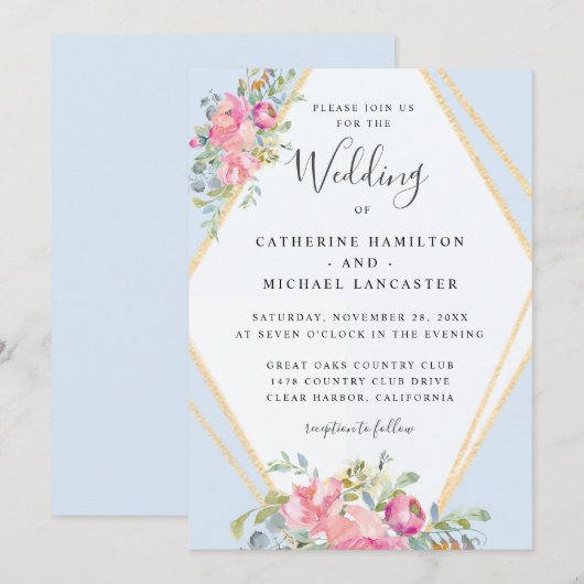 Zacht Roze Bloemen Goud Lijst Waterverf Bruiloft Kaart (Voorkant / Achterkant)