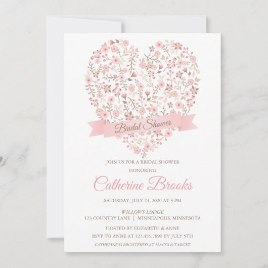Zacht Roze Bloemen Hart Bruids Douche Uitnodiging (Voorkant)