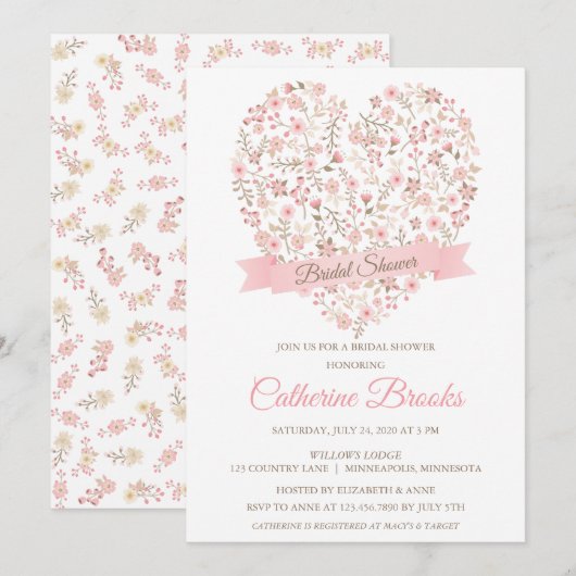 Zacht Roze Bloemen Hart Bruids Douche Uitnodiging (Voorkant / Achterkant)