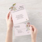 Zacht Roze Bloemen Meisje Bruiloft All In One Uitnodiging (Afscheurbaar)