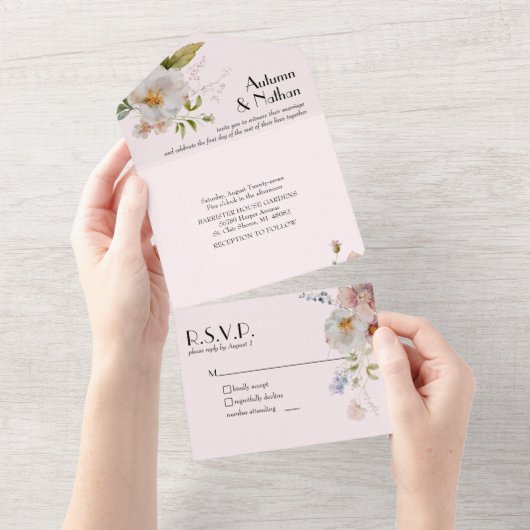 Zacht Roze Bloemen Meisje Bruiloft All In One Uitnodiging (Afscheurbaar)