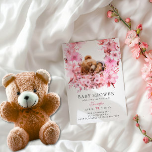 Zacht Roze Bloemen Slaapteddybeer Baby shower Kaart