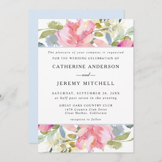 Zacht Roze Bloemen Waterverf Bruiloft Kaart (Voorkant / Achterkant)