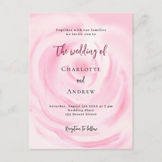 Zacht roze bloemenbruiloft roos uitnodiging briefkaart (Voorkant)