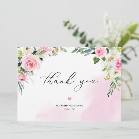 Zacht roze bloemengroen eucalyptus romantisch boho bedankkaart (Staand voorkant)