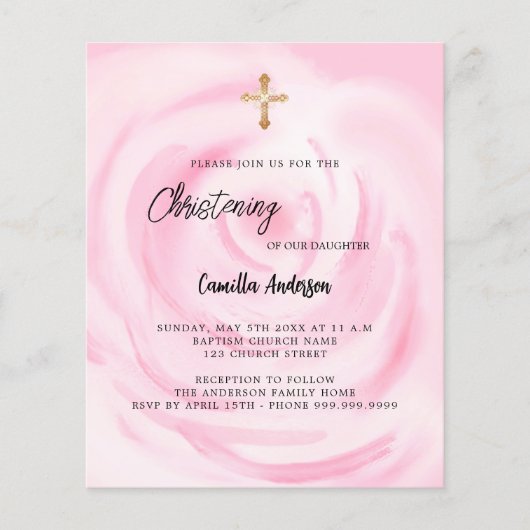 Zacht roze bloemenmeisje budget doopuitnodiging (Voorkant)