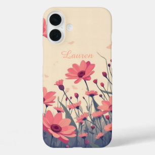 Zacht roze bloemenveld iPhone 16 plus hoesje