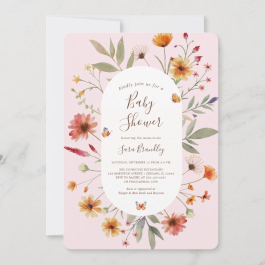 Zacht Roze Boho Waterverf Wildflower Baby shower Kaart (Voorkant)