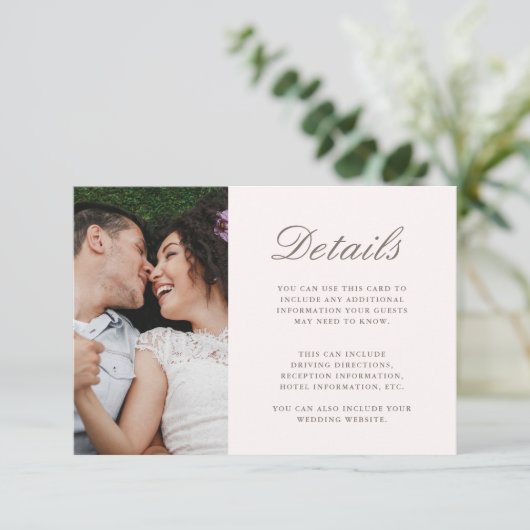  Zacht Roze Bruiloft Gast Details Foto Informatiekaartje (Staand voorkant)