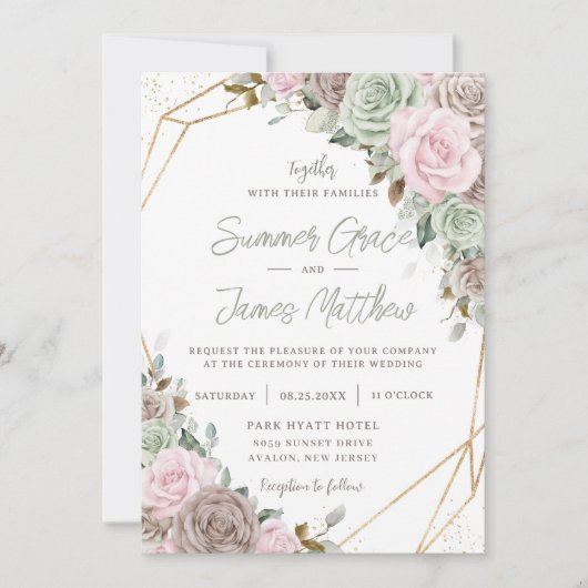 Zacht roze bruine zonneschijn groen goud huwelijk kaart (Voorkant)