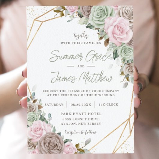 Zacht roze bruine zonneschijn groen goud huwelijk kaart