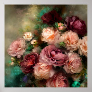 Zacht Roze en Bourgognige Rozen geverfd Poster