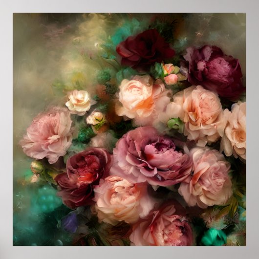  Zacht Roze en Bourgognige Rozen geverfd Poster (Voorkant)