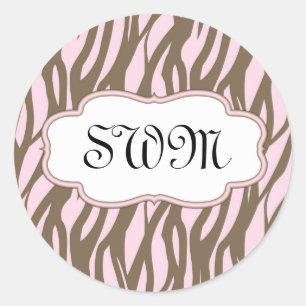 Zacht roze en bruin monogram Lijst Ronde Sticker