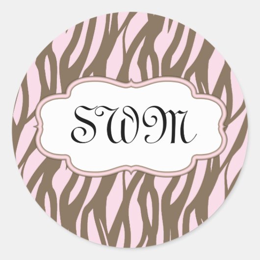 Zacht roze en bruin monogram Lijst Ronde Sticker (Voorkant)