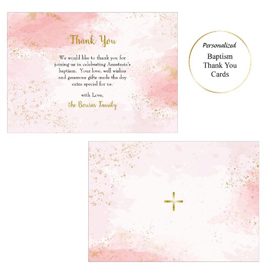Zacht Roze en Faux Goud Glitter Orthodoxe Doop Bedankkaart