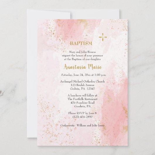 Zacht Roze en Faux Goud Glitter Orthodoxe Doop Kaart (Voorkant)