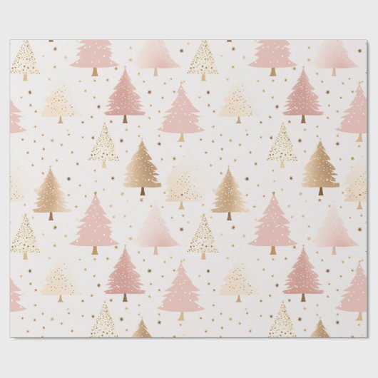 Zacht roze en gouden kerstbomen cadeaupapier (Vlak)