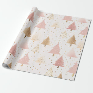 Zacht roze en gouden kerstbomen cadeaupapier