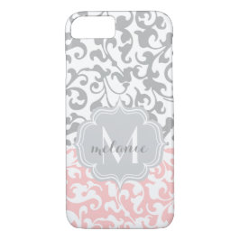 Zacht roze en grijs Damast Monogram Case-Mate iPhone Case