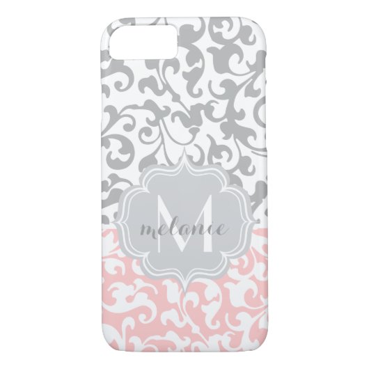 Zacht roze en grijs Damast Monogram Case-Mate iPhone Case (Achterkant)