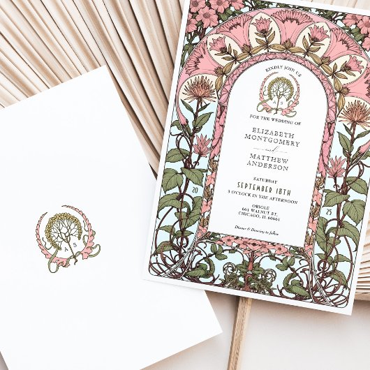 Zacht roze en pastel elegantie Art Nouveau bruilof Kaart