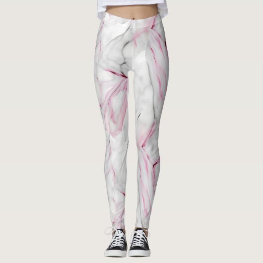 Zacht roze en witte marmer leggings (Voorkant)