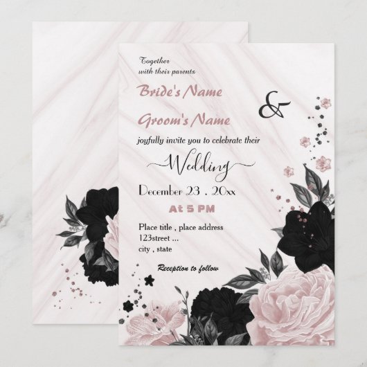 zacht roze en zwarte bruiloft kaart (Voorkant / Achterkant)