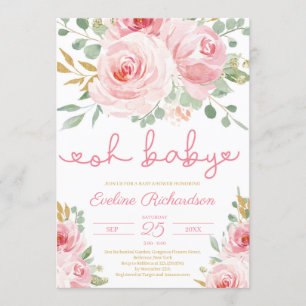 Zacht roze flora en goudglitter oh baby shower kaart