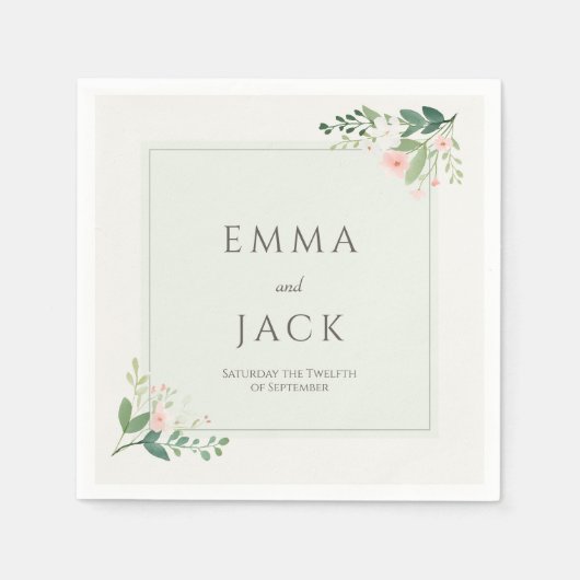 Zacht roze groen namen en datum bruiloft servet (Voorkant)