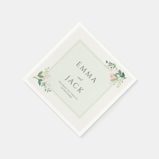 Zacht roze groen namen en datum bruiloft servet (Hoek)
