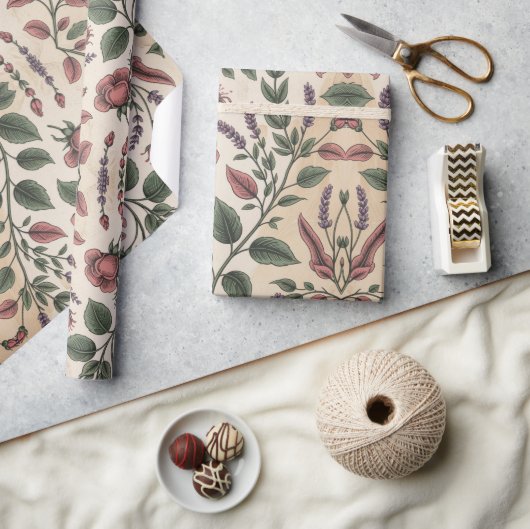 Zacht Roze & Groene Bloemen Cadeaupapier (Crafts)