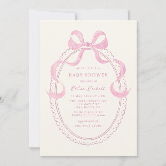Zacht Roze Hand getrokken Bow Lijst Baby shower Kaart (Voorkant)