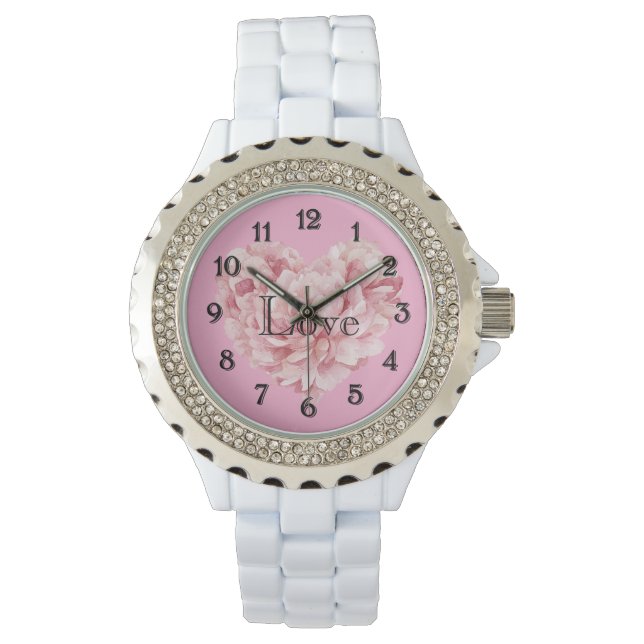 Zacht Roze Hart Bloem Horloge (Voorkant)