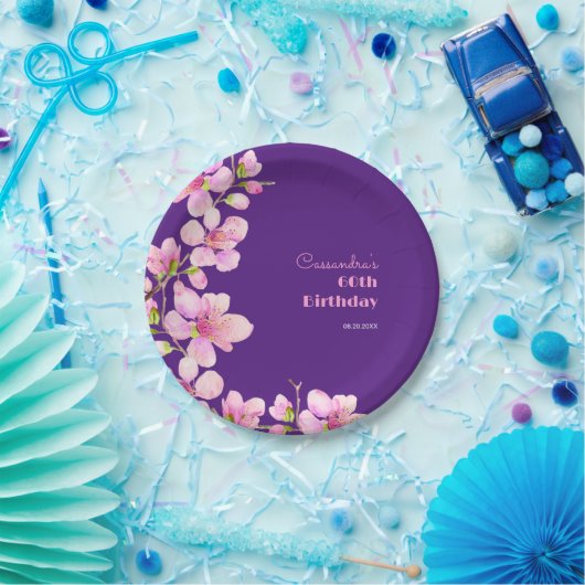 Zacht Roze Kersenbloesem Sakura Paarse Verjaardag Papieren Bordje (Feest)