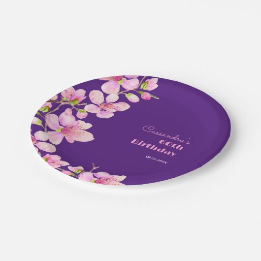 Zacht Roze Kersenbloesem Sakura Paarse Verjaardag Papieren Bordje (Gekanteld)