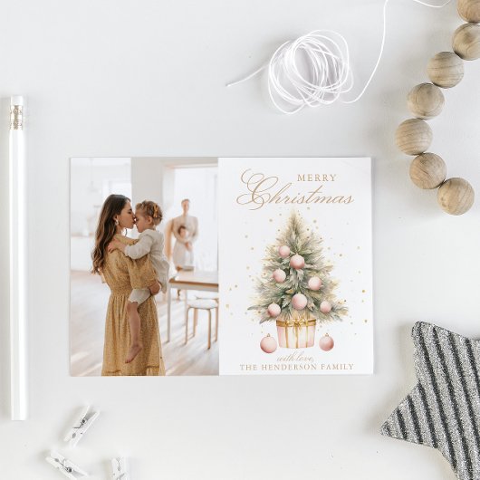 Zacht Roze Kerstboom Waterverf Custom Photo Feestdagenkaart